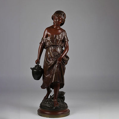 Auguste Moreau Bronze young woman with a jug brown patina stamp of Paris 19th foundry