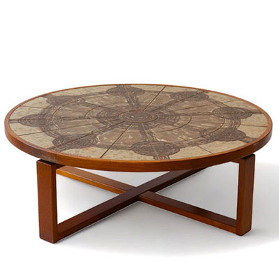 Ox-Art coffee table with wooden base and abstract ceramic plate top decorated with geometric patterns.