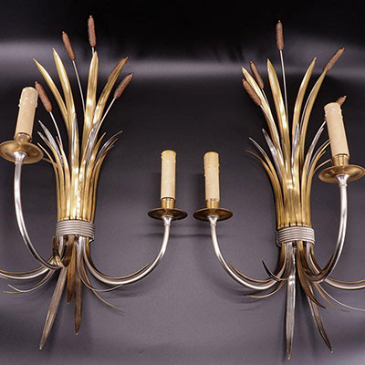 France - Maison Charles - pair of bracket lamps - reeds model - signed