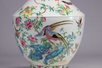 Rare large pair of Famille rose porcelain vases decorated with birds and flowers, 19th century.