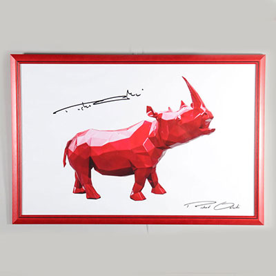 Richard Orlinski. « Rhinocéros rouge ». Affiche réalisée pour le lancement de la sculpture Rhinocéros rouge.