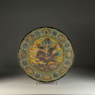 High relief dish, dragon decoration. Middle 20th century China.
