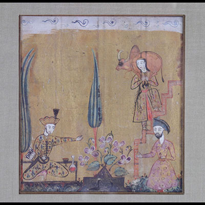 Beautiful miniature illustrating an episode from a manuscript, Khâmse de Nezâmi-ye GANJAVI from Iran of the Shiraz school of the 17th century