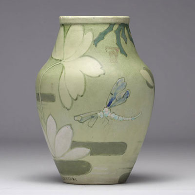 Edmond LACHENAL (1855-1948) stoneware vase decorated with dragonflies at a pond - Art Nouveau