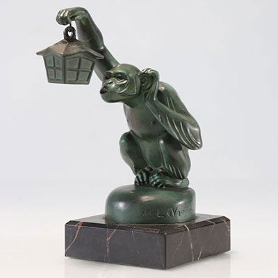 Max LE VERRIER (1891-1973) Monkey with a lantern Bronze with green patina