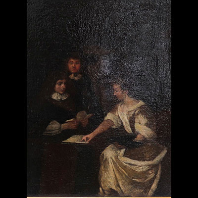 Huile sur toile du XVIII siècle. Cour de musique représentant deux professeurs et une étudiante aristocrate. Monogramme « R.O ».