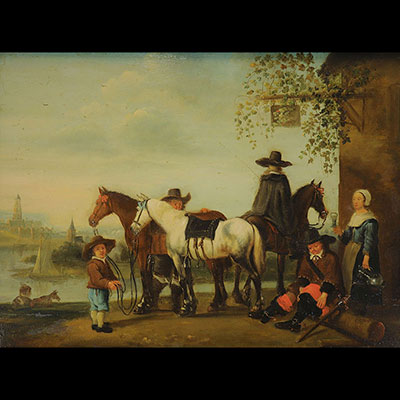 Abraham VAN CALRAET (1642-1722) Le départ des chevaux, huile sur bois