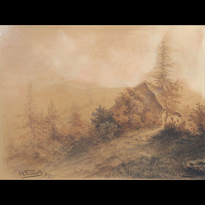 Dessin vue montagne 1874 signature à identifier 