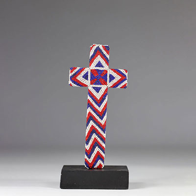 Tutsi Catholic cross in metal covered with beads, DRC Rwanda