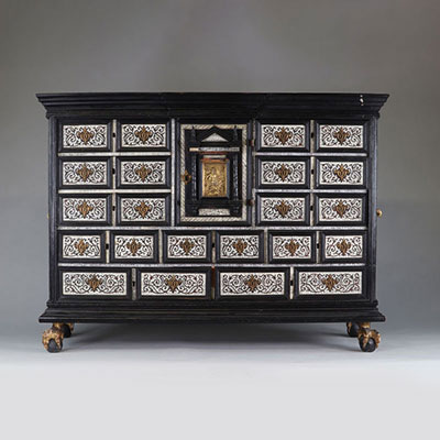 17th Italian cabinet in ebony and inlays on the architectural facade