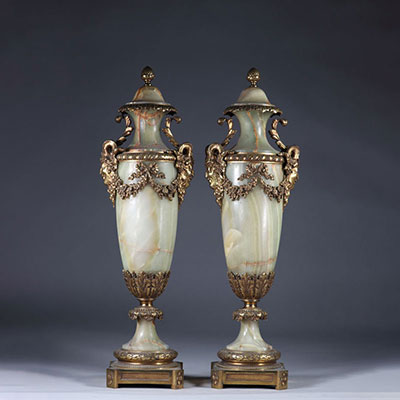 Imposing pair of gilt bronze and onyx satyr head casseroles