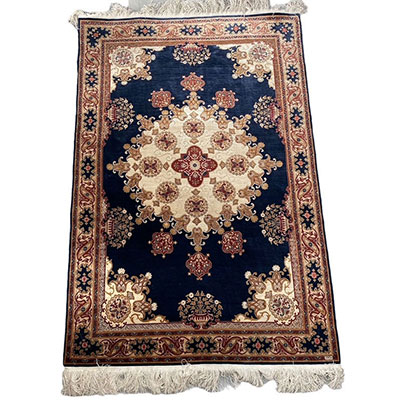 Kashan souf silk carpet with silver and gold threads Iran, rich floral decoration on a blue background