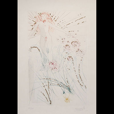 Salvador Dali. « Song of Songs Solomon ». Gravure en couleurs et peinture or. Signée « Dali » au crayon en bas à droite. Numérotée 171/250 en bas à gauche.