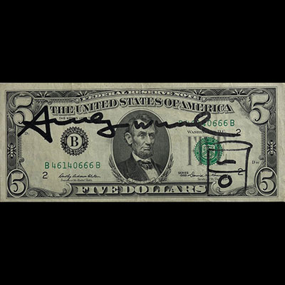 Andy Warhol. American 5 dollar banknote.
