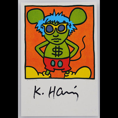 Keith Haring - Andy Souris - Hommage à Warhol Accroché signé par Keith Haring au marqueur noir noir sur une carte postale