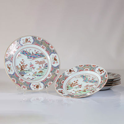 Série de 6 assiettes porcelaine de la famille rose 18ème décor de paysage