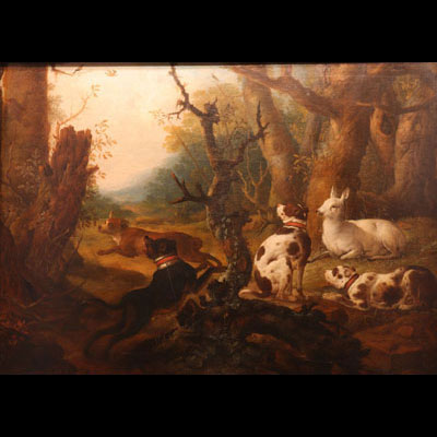 Johann Heinrich ROOS (1631-1685) Huile sur toile les chiens de chasses et faon blanc