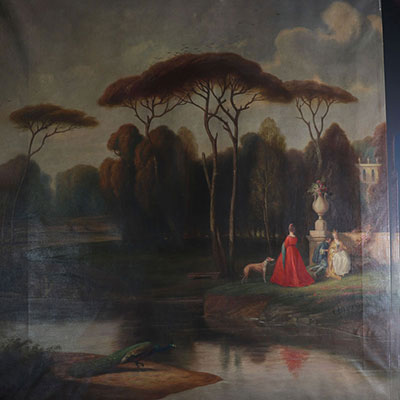 Importante huile sur toile décorative scène romantique.