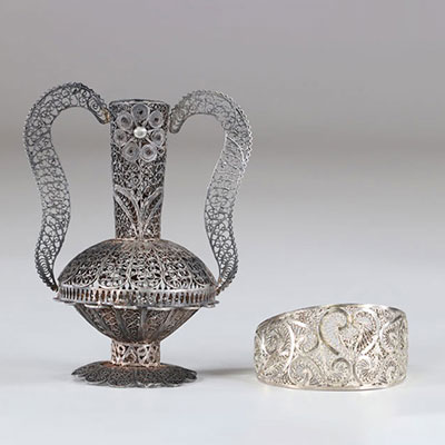 Silver filigree vase and bracelet