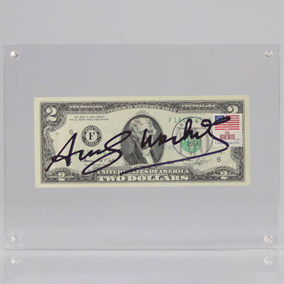 2 DOLLARS (Thomas Jefferson) / Numéro de série : F 18691474 A / Dimension : 155,955 X 66,294 Millimètres / Année : 1976 / Timbre et tampon de la poste américaine en date du 13 Avril 1976 / Signé en noir : Andy Warhol (recto) / Tampon Andy Warhol (verso).