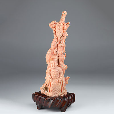 China large coral sculpture decorated with 3 figures 1900