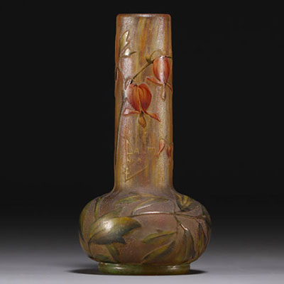 DAUM Nancy - Small acid-etched and enamelled vase with flower design, circa 1900.