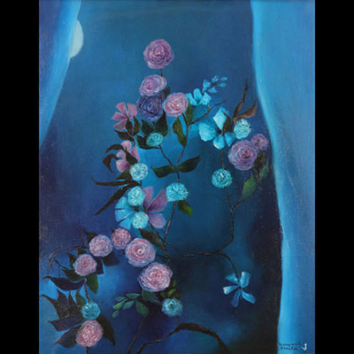  Marguerite BROUHON Grande huile sur toile fleurs au clair de lune 