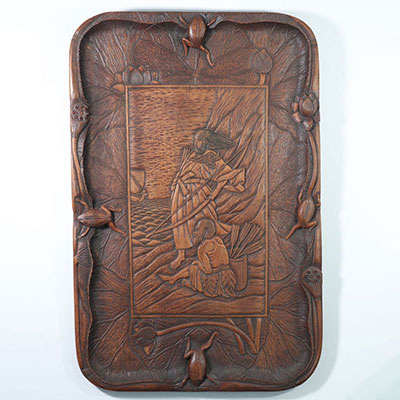 Japan imposing carved wooden tray decorated with characters and frog 19th