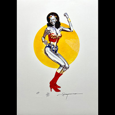 Hajime SORAYAMA. « Wonder Woman ». Lithographie en couleurs. 2019. Signée « Soryama » au crayon en bas à droite. Numéroté AP 13/35 (Artist Proof) au crayon en bas à gauche.