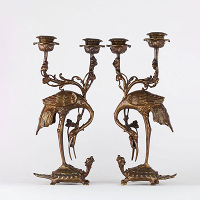 Paire de candélabres, échassiers grues, en bronze. Japon, art nouveau