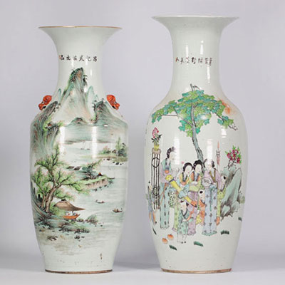 (2) Set of two famille rose vases with one figure and one landscape design separately from each other