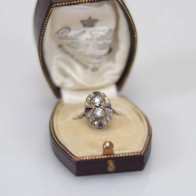 Bague Art Deco en or jaune (18k) diamants 2 diamants (0.50 carats) tailles anciennes et tailles roses (3.4gr)