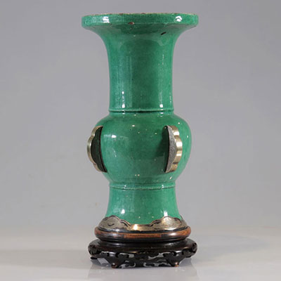 Green monochrome vase in the shape of Gu XVIIIth later silver mount 