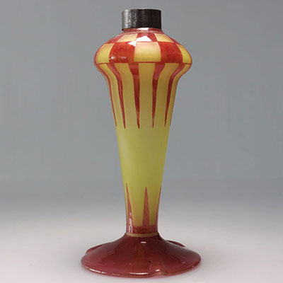 FRENCH GLASS. Lamp base in multilayer glass with geometric decor cleared with acid
