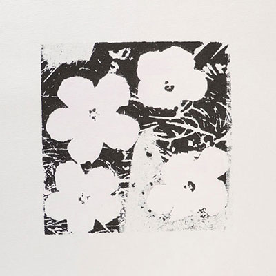 Andy Warhol. Flowers. Black and white print on linen. Bears the “Andy Warhol” signature in felt pen on the back as well as the “Andy Warhol Collection” stamp.