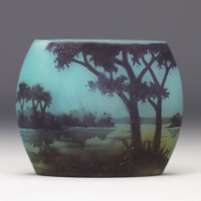 DAUM Nancy - Petit vase en verre multicouche dégagé à l'acide à décor de paysage lacustre.