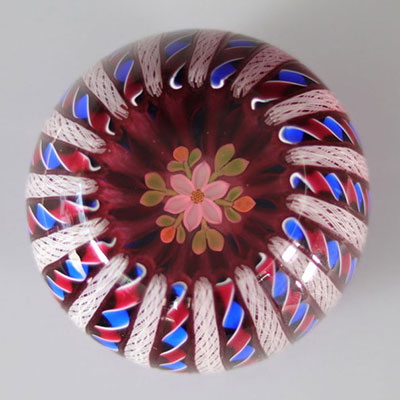 1996-282/300 Perthshire paperweight, center flowers, red and blue twist canes with white muslin