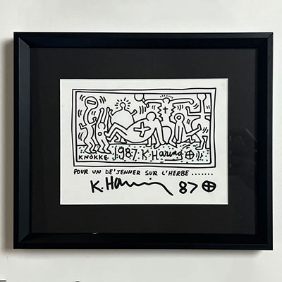 Keith Haring. Invitation card for the pre-opening of the Keith Haring exhibition at the Casino de Knocke in Belgium for June 28, 1987. Signed 