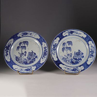 Pair of blanc-bleu porcelain plates, 18th century China.