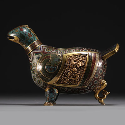 Chine - Brûle parfum en bronze cloisonné en forme d'oiseau décoré de dragons, XVIIIème.