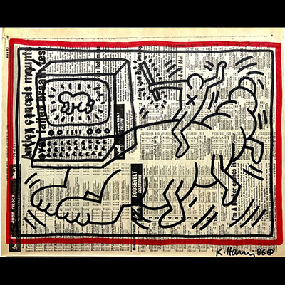 Keith Haring. Original drawing in marker on a newspaper page from the New York Post of Monday, October 20, 1986. Signed 