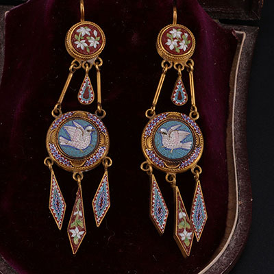 ITALY - XIXth - pair of gold and micro mosaïc earrings