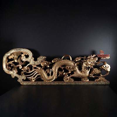 Old carved wooden double dragon sign, China or Vietnam 19th.