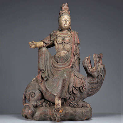 Grand Guanyin Bodhisattva Chine 18ème siècle bois polychrome