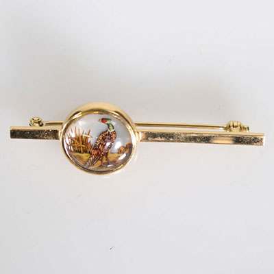 Old tie pin, 18 K gold, with a pheasant decor cabochon
