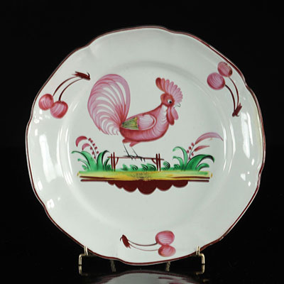 Les Islettes France Plate with red rooster on a barrier. 19th -