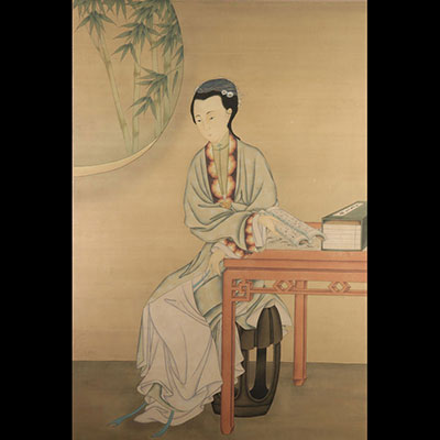 Large oil painting on silk young woman