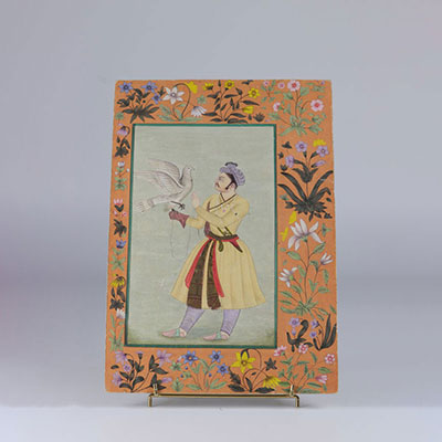 Qadjar Aquarelle sur papier monté en page fauconnier bordure motif fleuris 19ème 