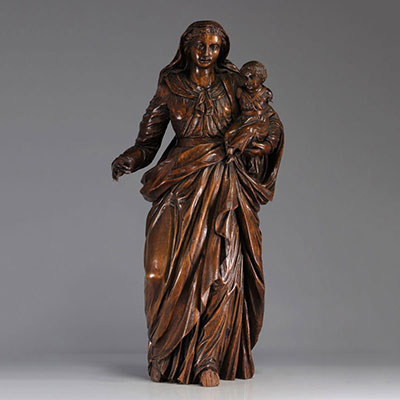 Large Virgin and Child in carved wood from Flanders, Belgium 17th century