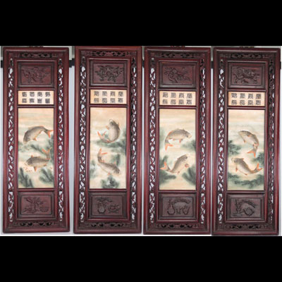 Deng Bishan (att) Chine 4 panneaux période république à décor de carpes et caractères